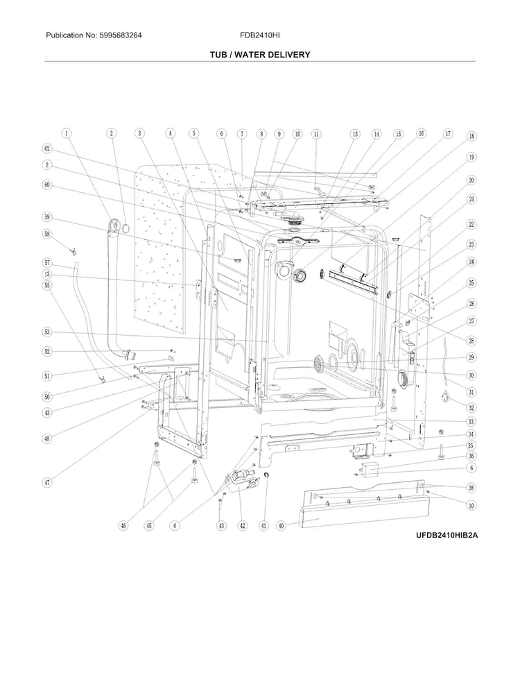 Tub/water Delivery Diagram and Parts List for FDB2410HIB3B  Frigidaire Dishwasher