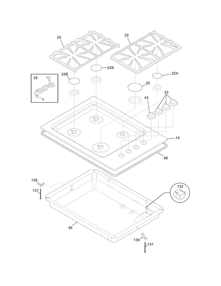 Cooktop Diagram and Parts List for FFGC3025LSC  Frigidaire Cooktop