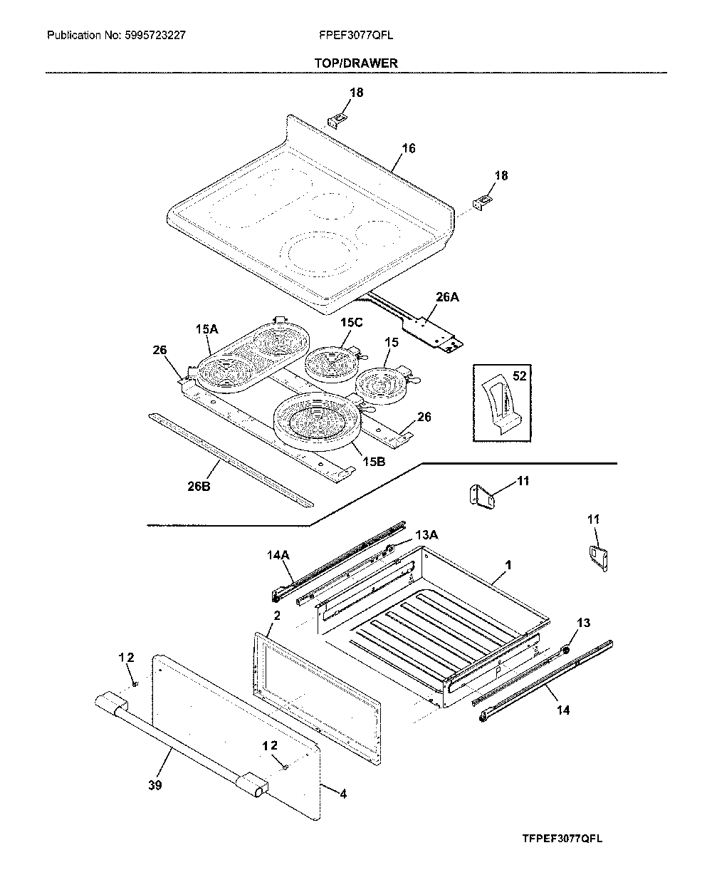 Top/drawer Diagram and Parts List for FPEF3077QFL  Frigidaire Range