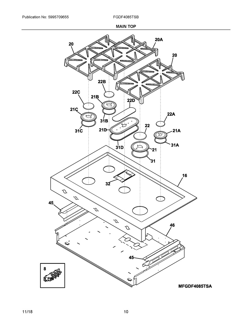 Main Top Diagram and Parts List for FGDF4085TSB  Frigidaire Range
