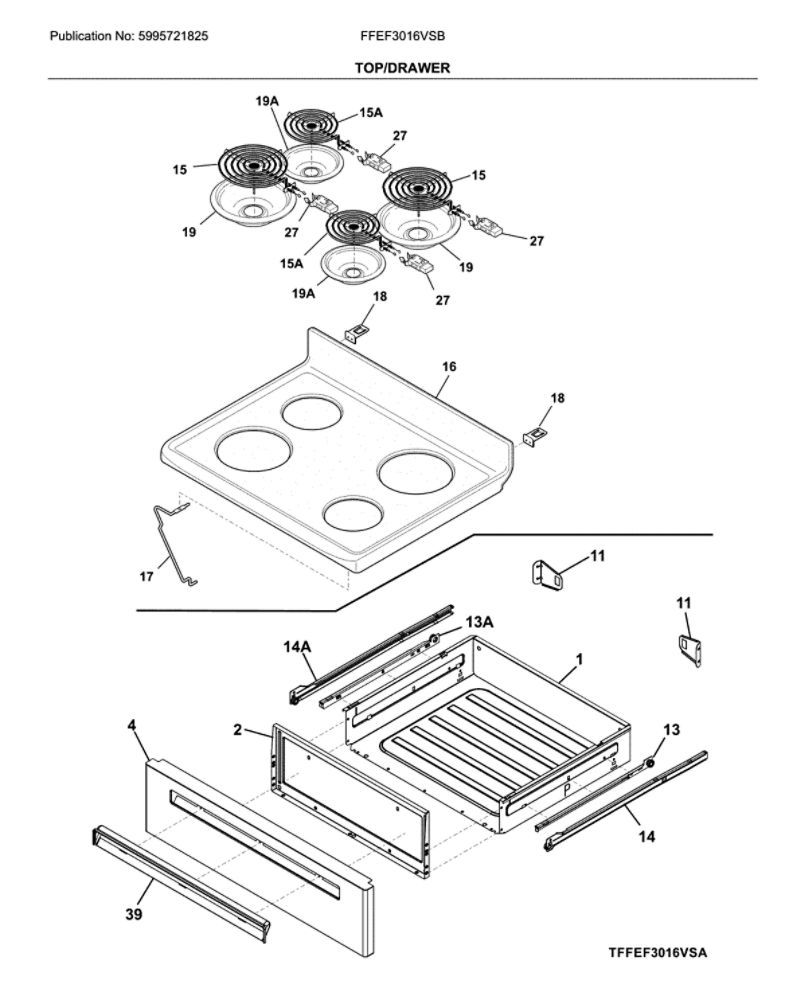Top/Drawer Diagram and Parts List for FFEF3016VSB  Frigidaire Range