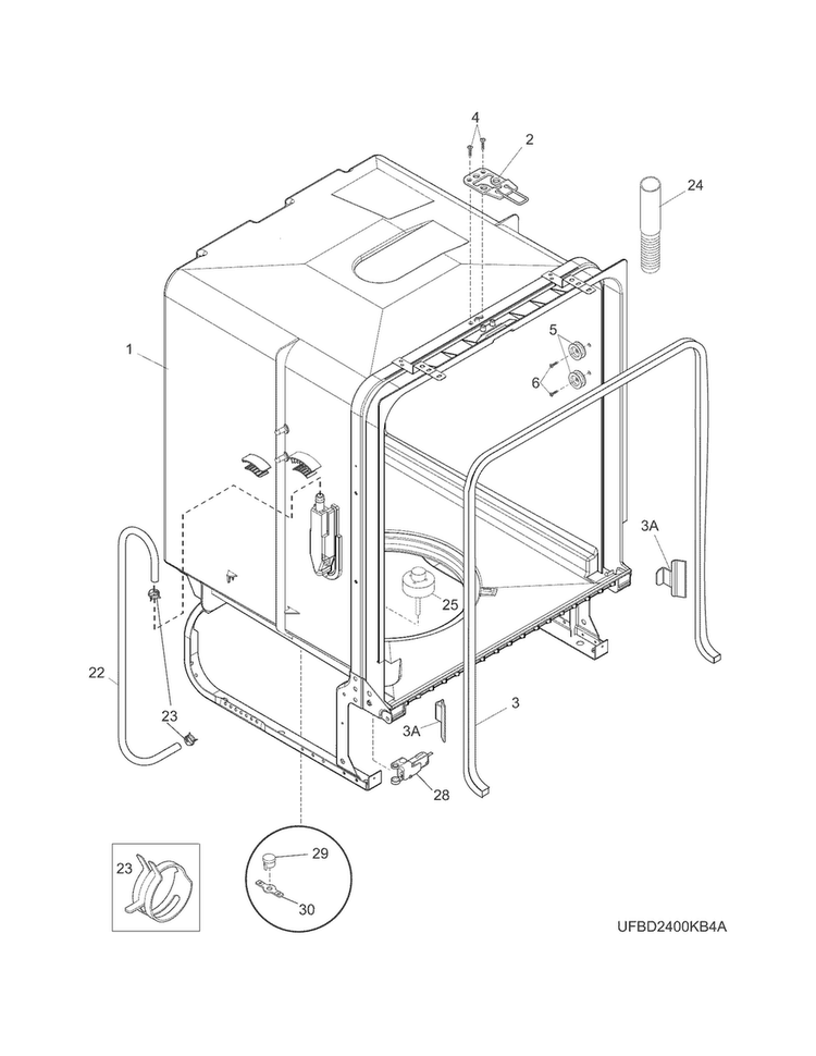 Tub Diagram and Parts List for FBD2400KB7B  Frigidaire Dishwasher
