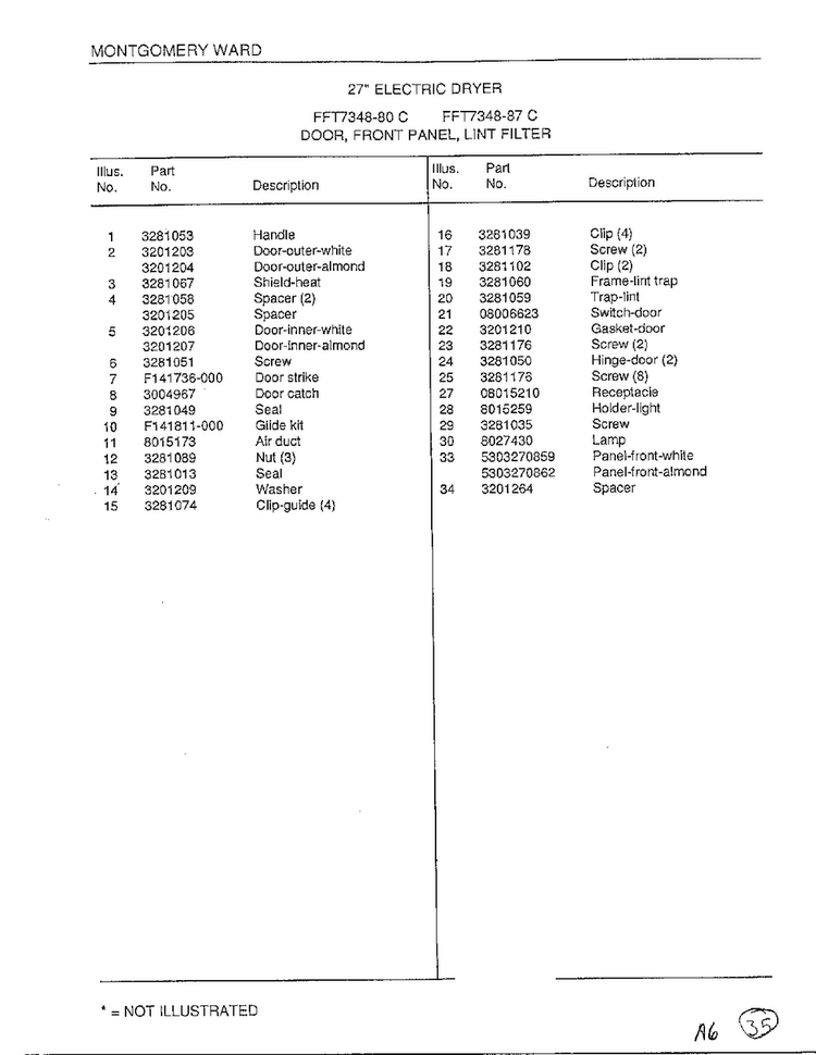 Door/front Panel/lint Filter Page 2 Diagram and Parts List for 7348-80C  Frigidaire Dryer