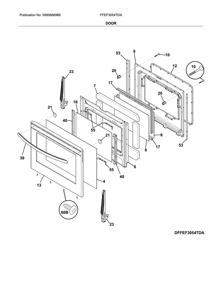 Door Diagram and Parts List for FFEF3054TDA  Frigidaire Range