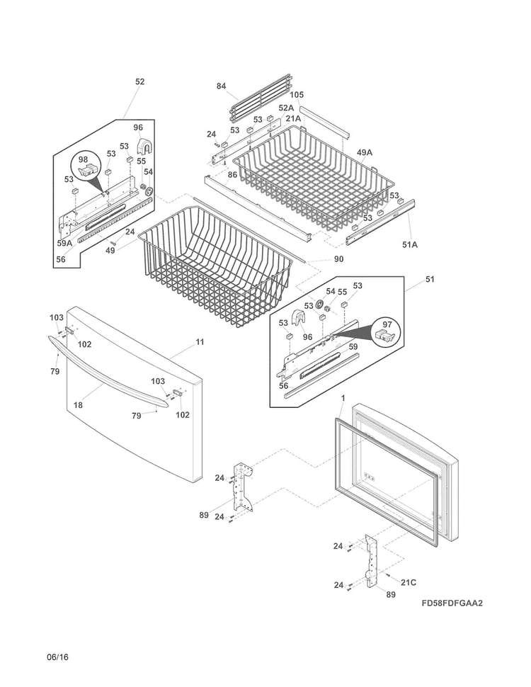 Freezer Drawer, Baskets Diagram and Parts List for FGUN2642LP6  Frigidaire Refrigerator