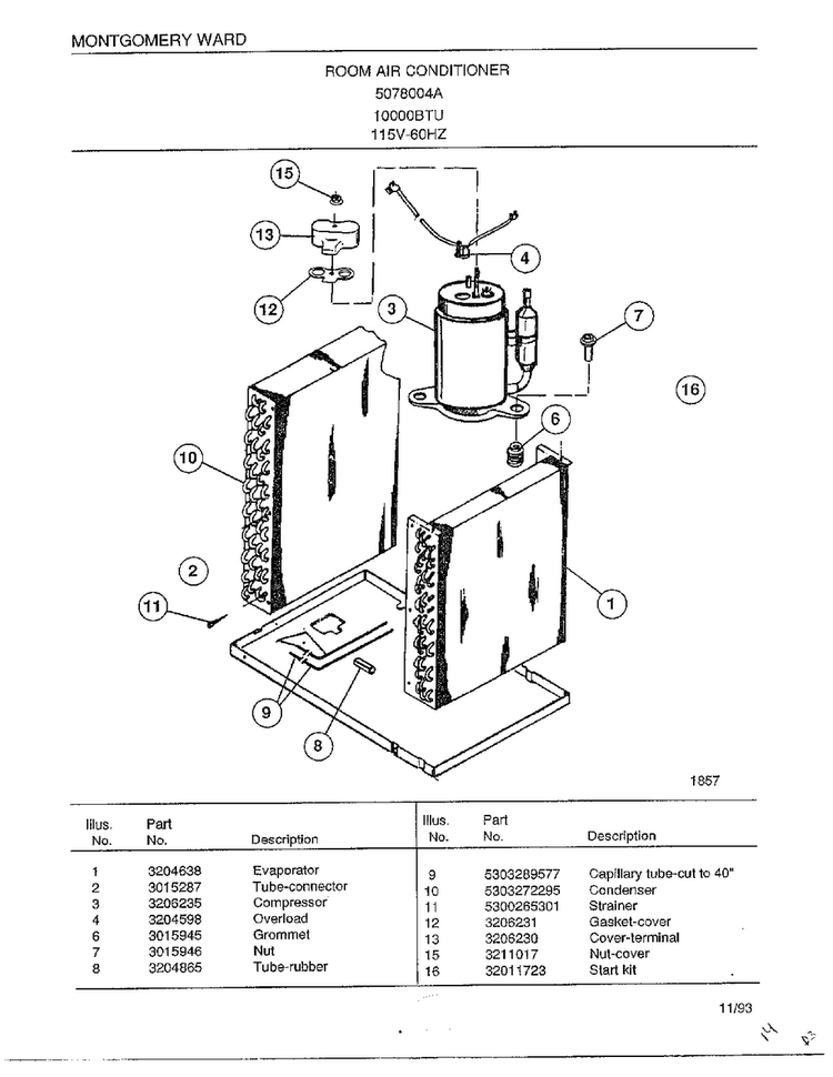 Room Air Conditioner Page 3 Diagram and Parts List for 5078004A  Frigidaire Air Conditioner