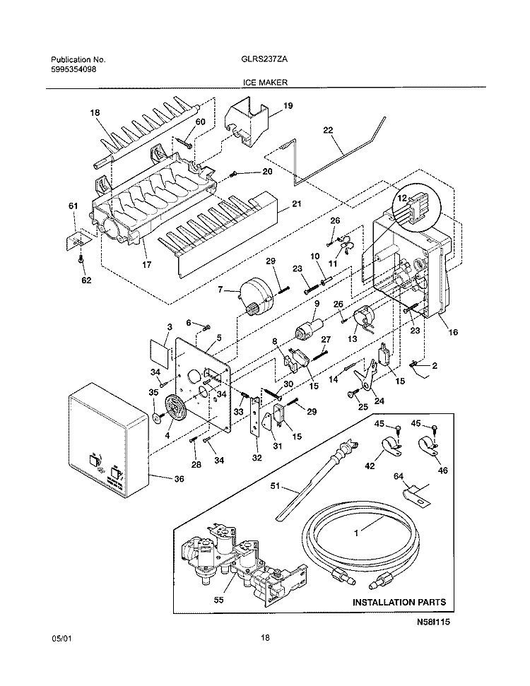 ICE MAKER Diagram and Parts List for GLRS237ZAB0  Frigidaire Refrigerator