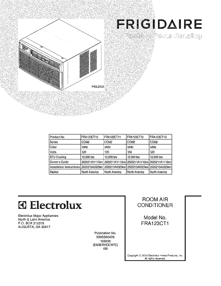 COVER Diagram and Parts List for FRA123CT12  Frigidaire Air Conditioner