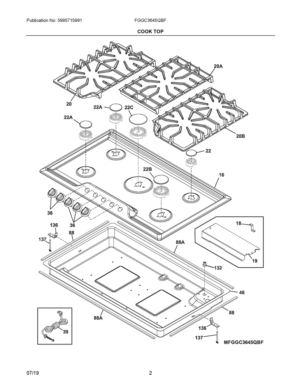 Cook Top Diagram and Parts List for FGGC3645QBF  Frigidaire Cooktop