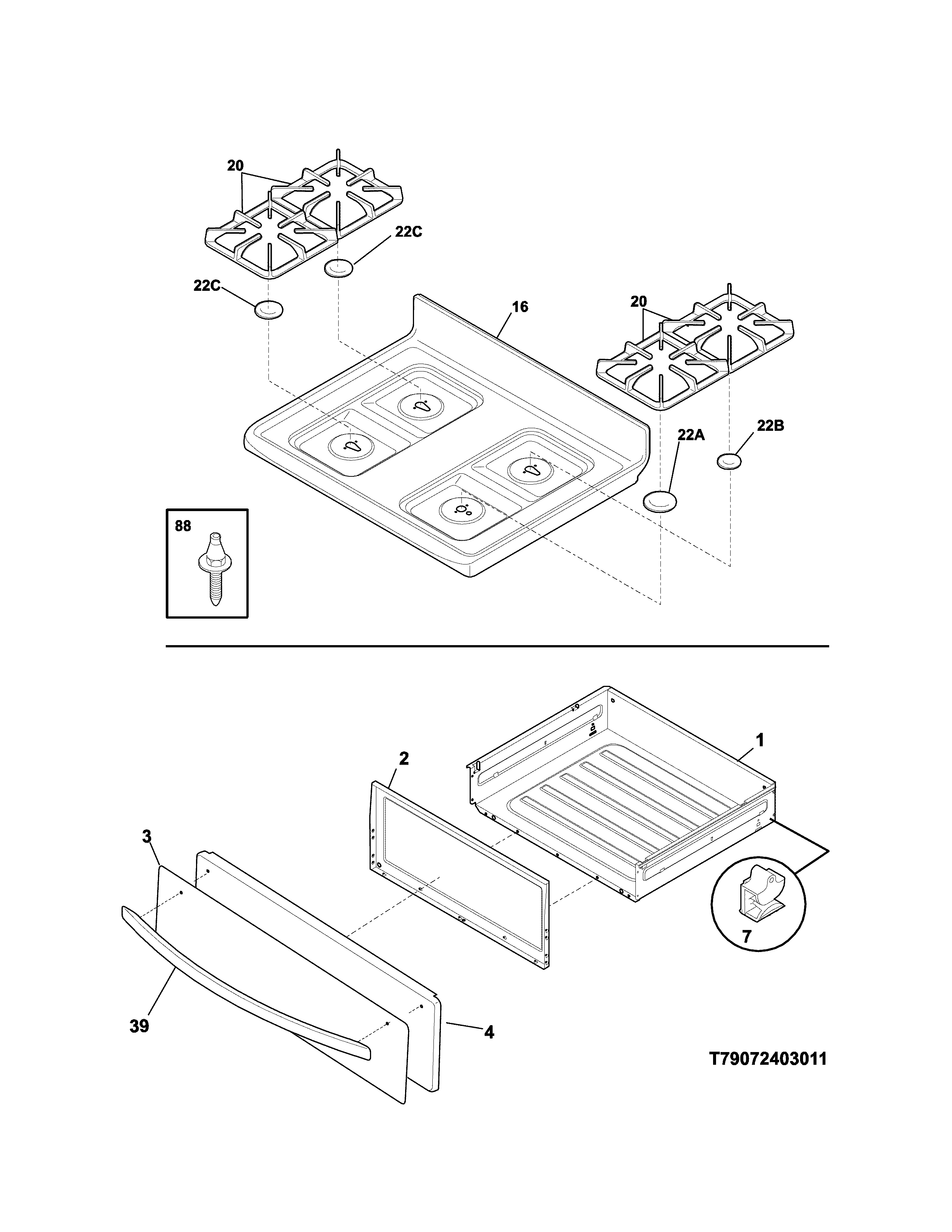 Top/drawer Diagram and Parts List for 79074033312  Kenmore Range