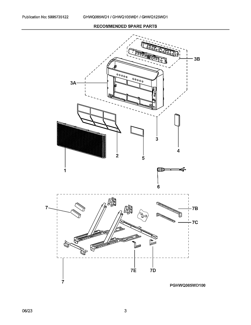 Recommended Spare Parts Diagram and Parts List for GHWQ105WD100  Frigidaire Air Conditioner