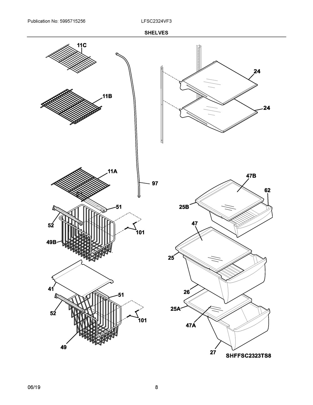 Shelves Diagram and Parts List for LFSC2324VF3  Frigidaire Refrigerator