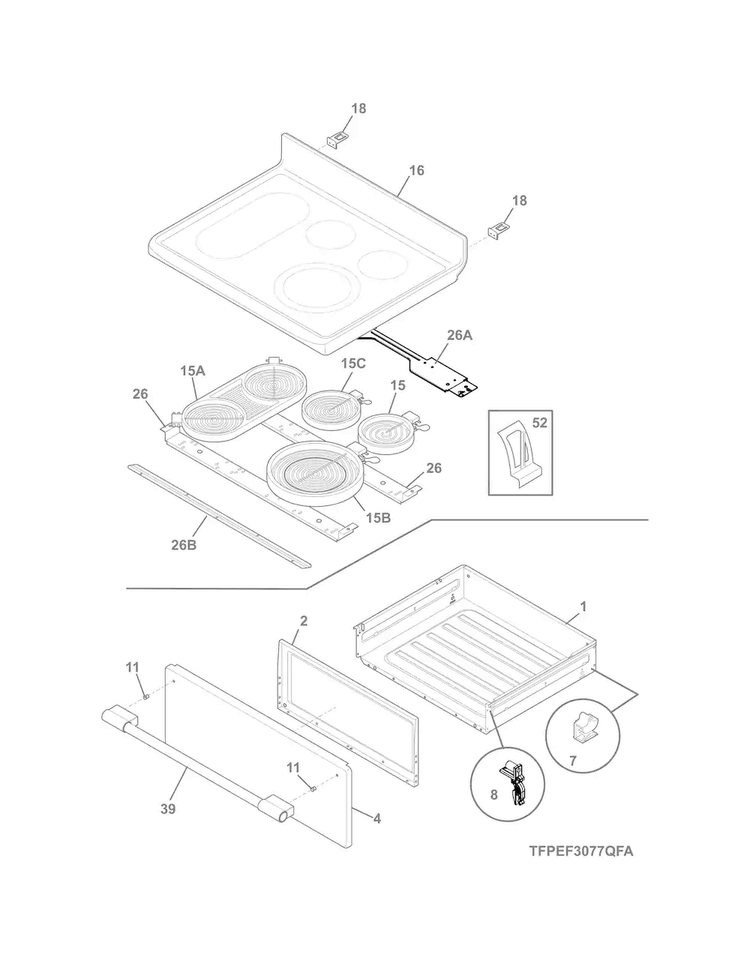 Top/drawer Diagram and Parts List for FPEF3077QFA  Frigidaire Range