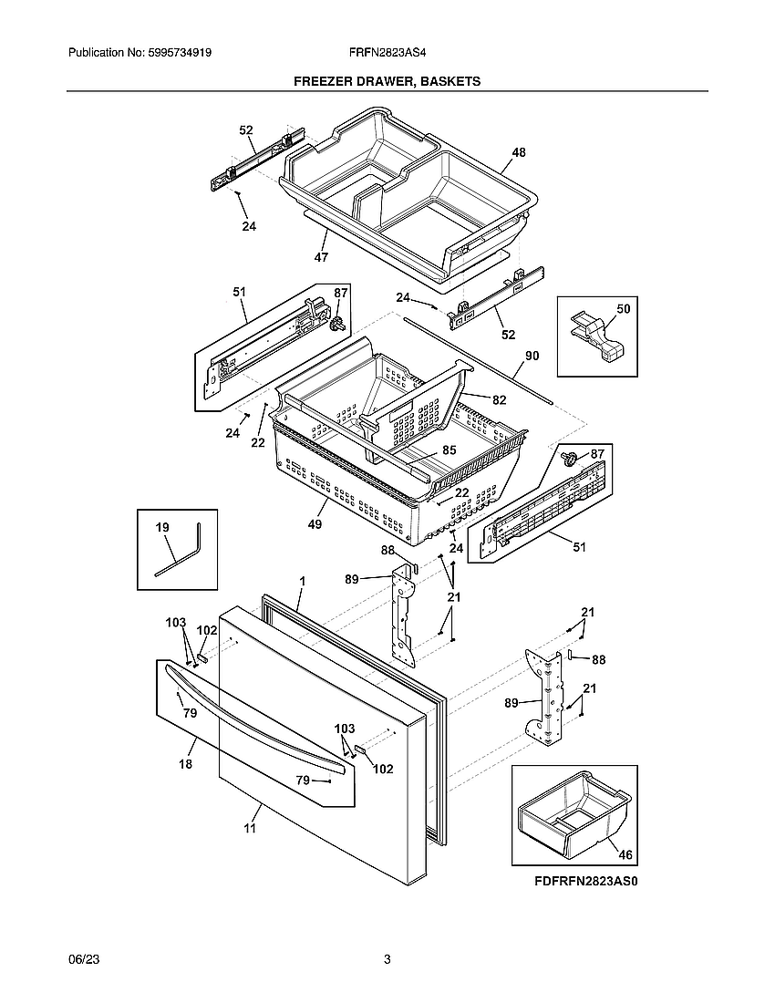 Freezer Drawer, Baskets Diagram and Parts List for FRFN2823AS4  Frigidaire Refrigerator