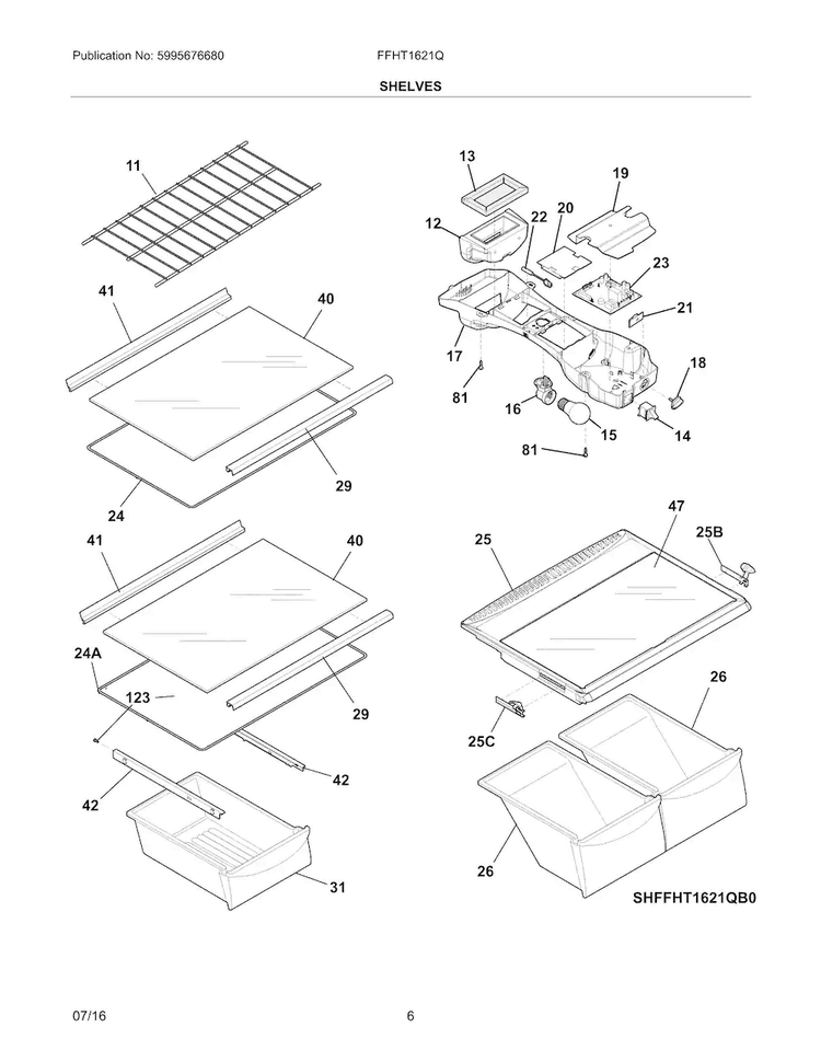 Shelves Diagram and Parts List for FFHT1621QS3  Frigidaire Refrigerator