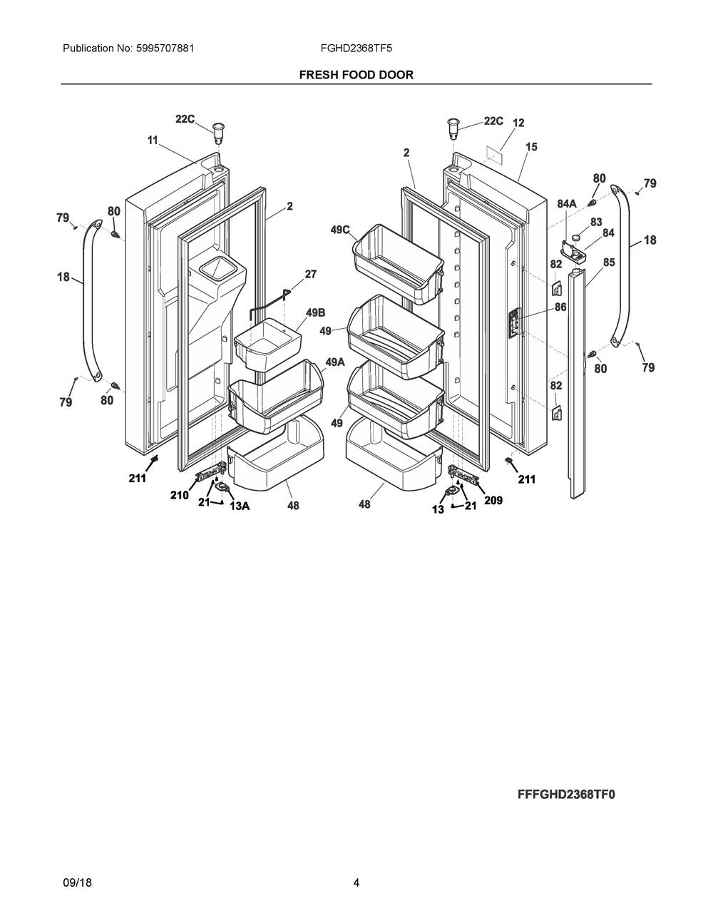 Fresh Food Door Diagram and Parts List for FGHD2368TF5  Frigidaire Refrigerator