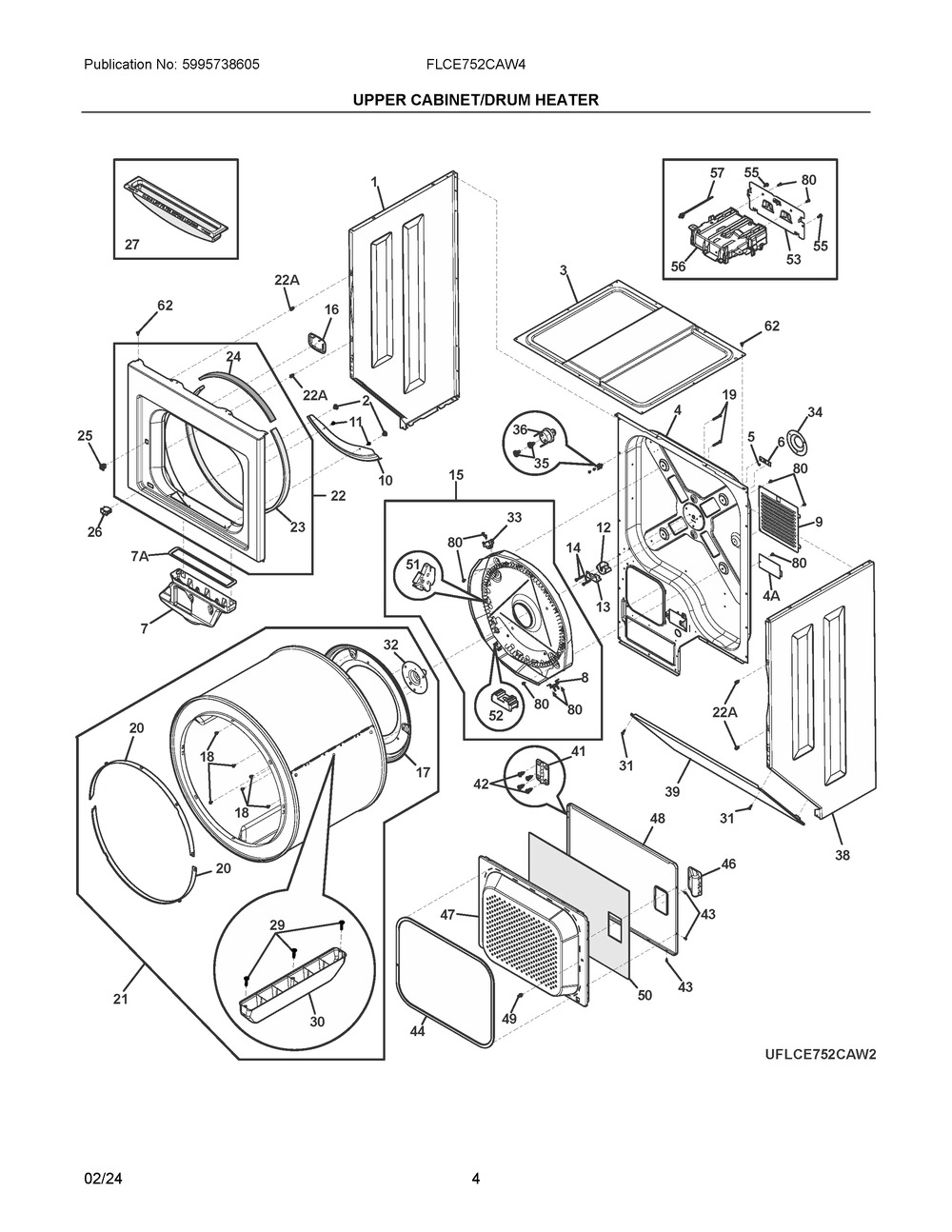 Upper Cabinet/Drum Heater Diagram and Parts List for FLCE752CAW4  Frigidaire Washer Dryer Combo