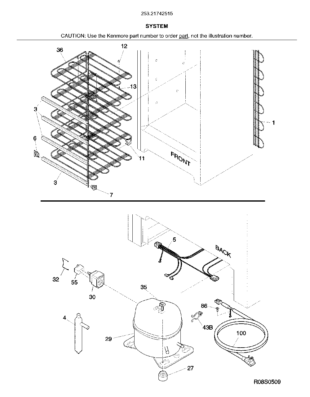 System Diagram and Parts List for 25321742515  Kenmore Freezer