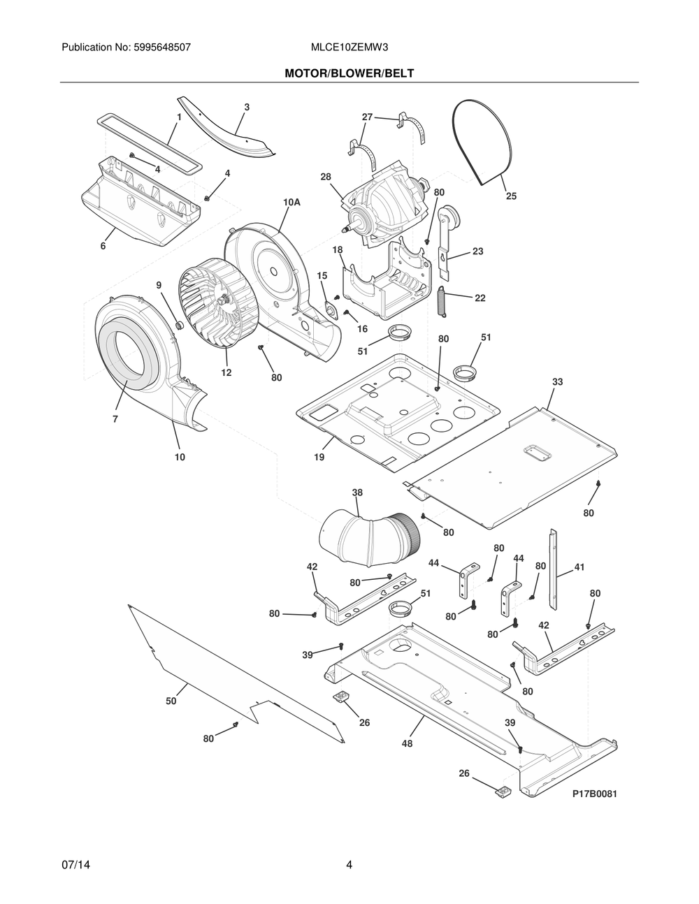Motor/Blower/Belt Diagram and Parts List for MLCE10ZEMW3  Frigidaire Dryer