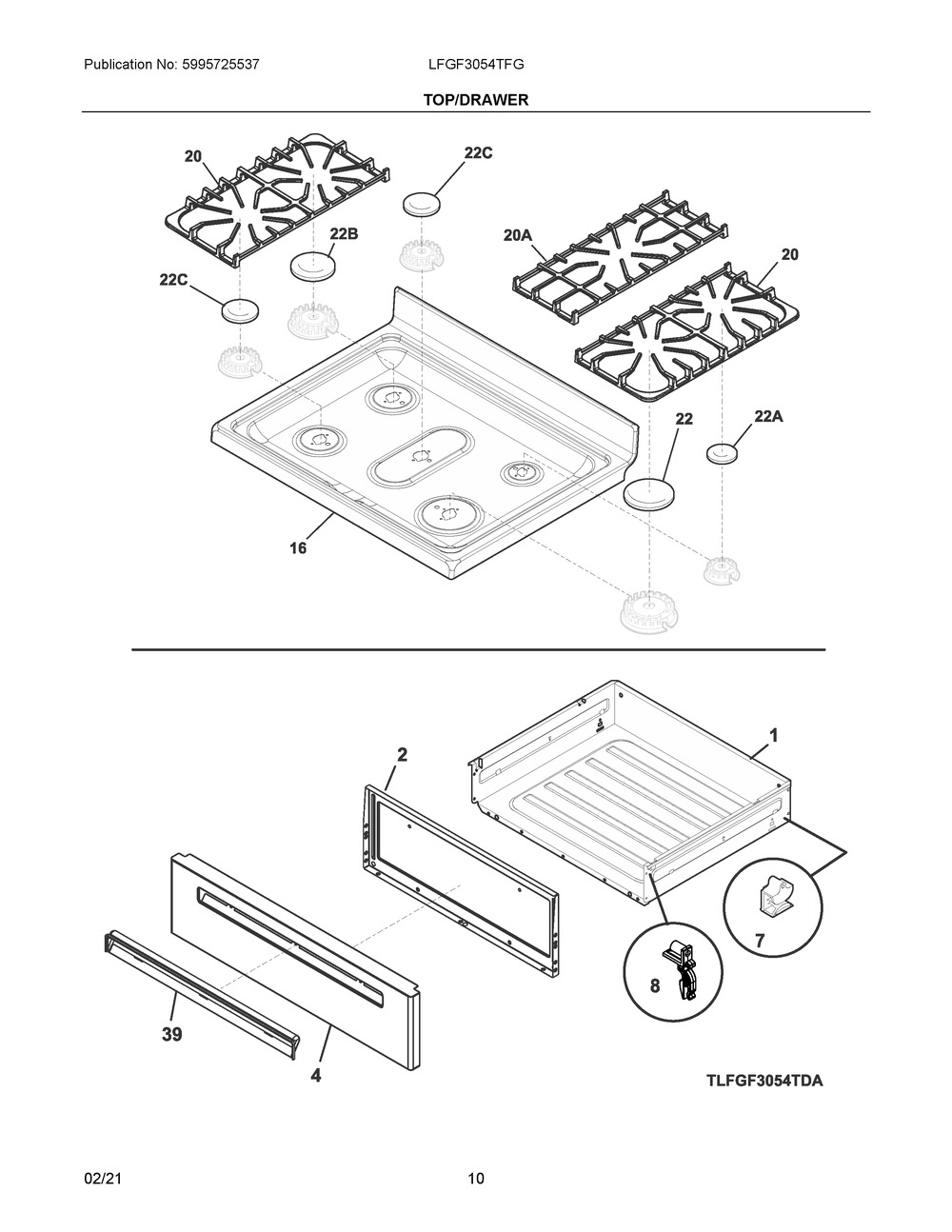 Top/Drawer Diagram and Parts List for LFGF3054TFG  Frigidaire Range