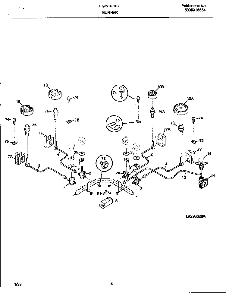 Burner Diagram and Parts List for FGC6X7XGBA-M2-01 10/00 Frigidaire Cooktop