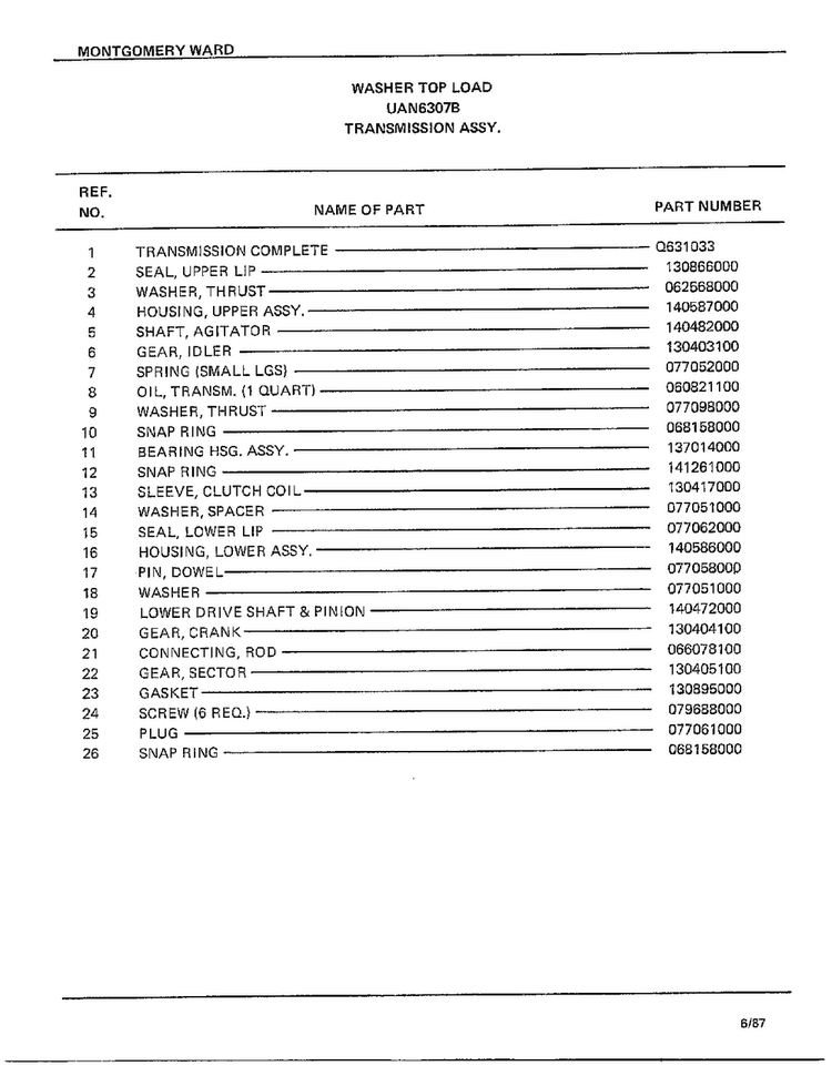 Transmission Assy Page 2 Diagram and Parts List for 6307B  Frigidaire Washer