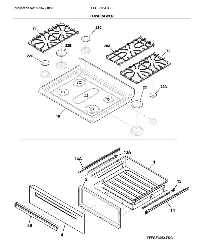 Top/Drawer Diagram and Parts List for FFGF3054TDE  Frigidaire Range