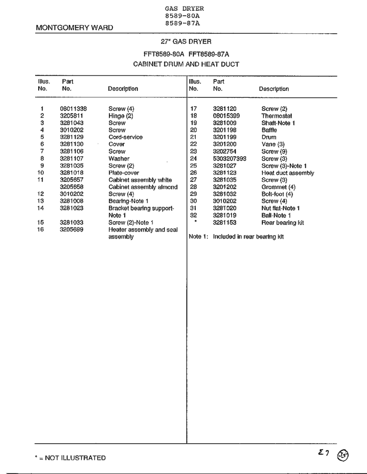 Cabinet Drum And Heat Duct Page 2 Diagram and Parts List for 8589-87A  Frigidaire Dryer