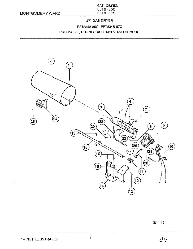 Gas Valve, Burner Assembly And Sensor Diagram and Parts List for 8348-87C  Frigidaire Dryer