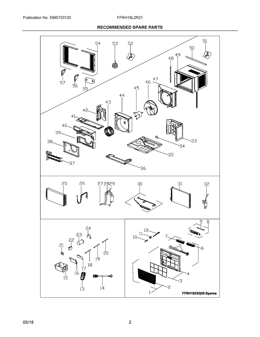 Recommended Spare Parts Diagram and Parts List for FFRH18L2R21  Frigidaire Air Conditioner