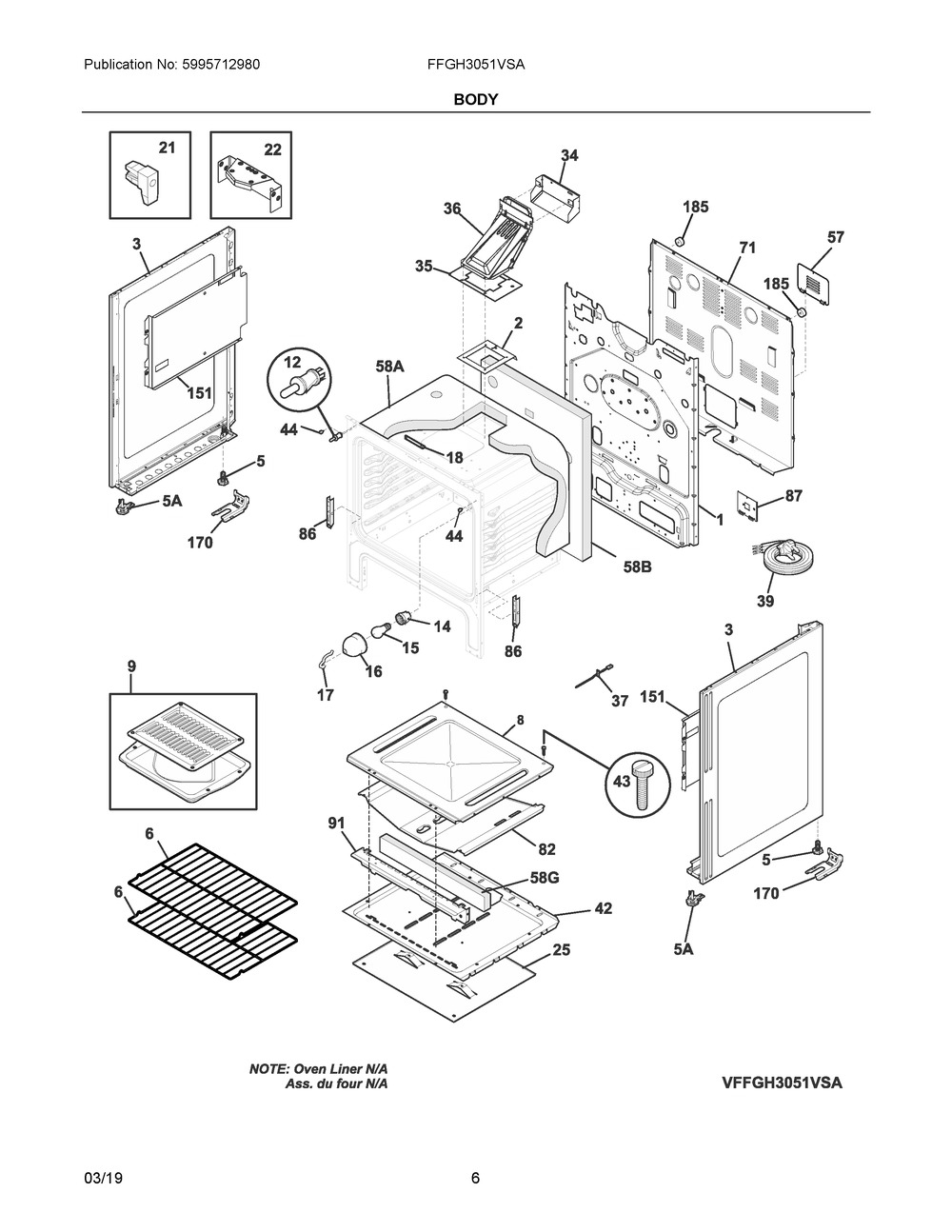 Body Diagram and Parts List for FFGH3051VSA  Frigidaire Range