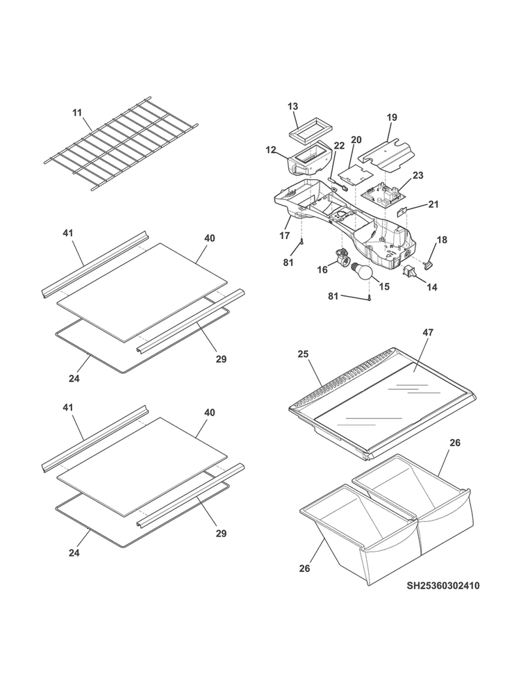 Shelves Diagram and Parts List for 25360409414  Kenmore Refrigerator