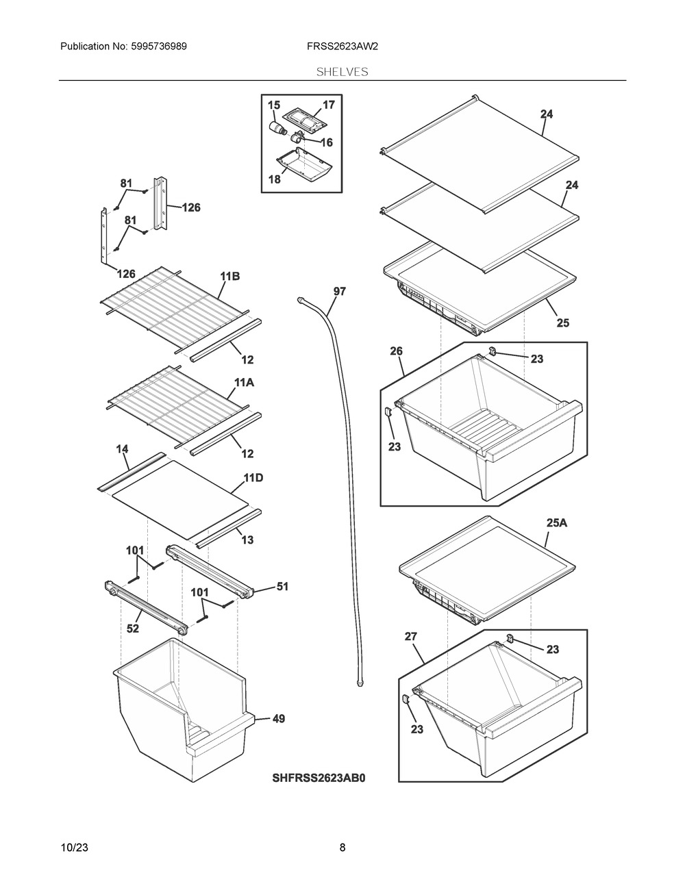 Shelves Diagram and Parts List for FRSS2623AW2  Frigidaire Refrigerator