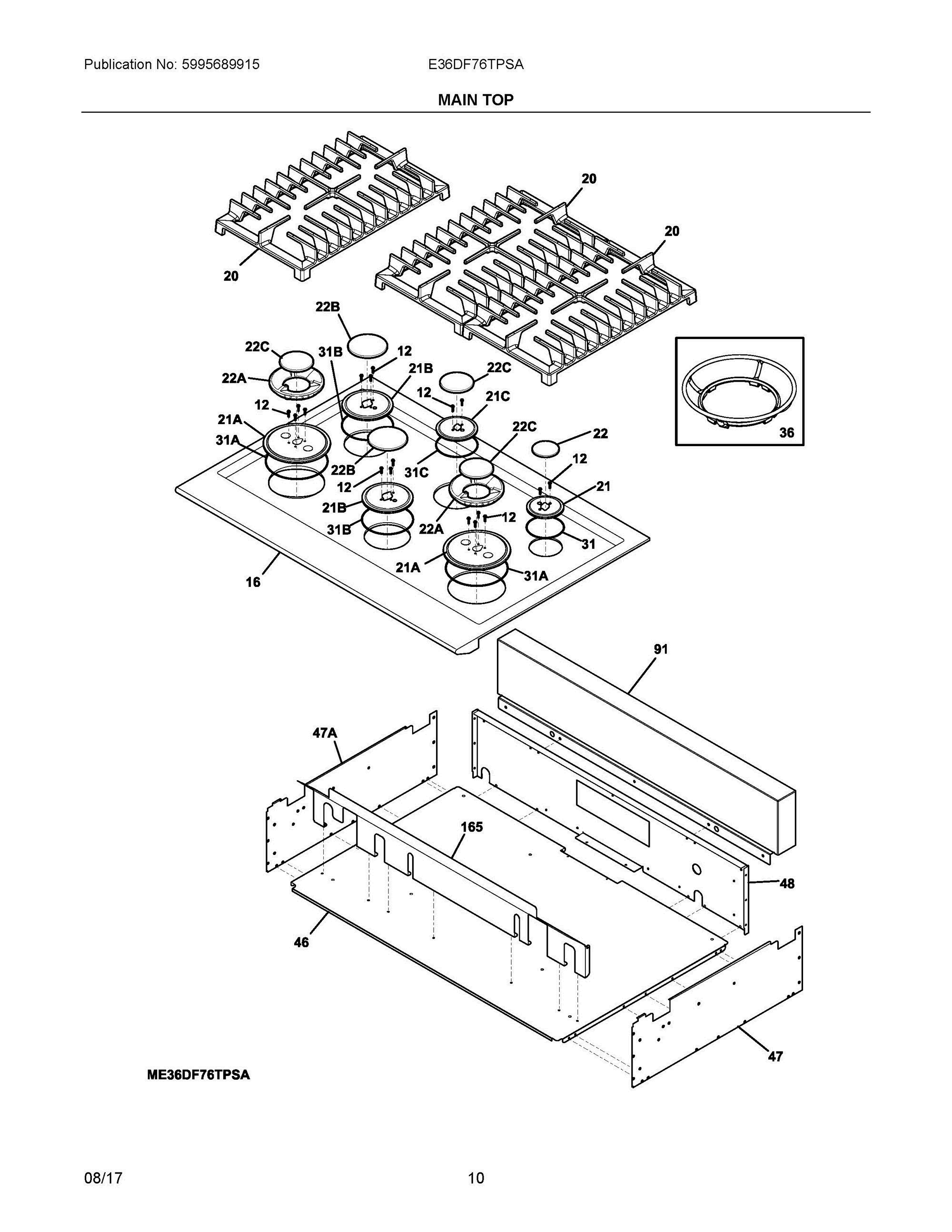 05 - MAIN TOP Diagram and Parts List for E36DF76TPSA  Frigidaire Range