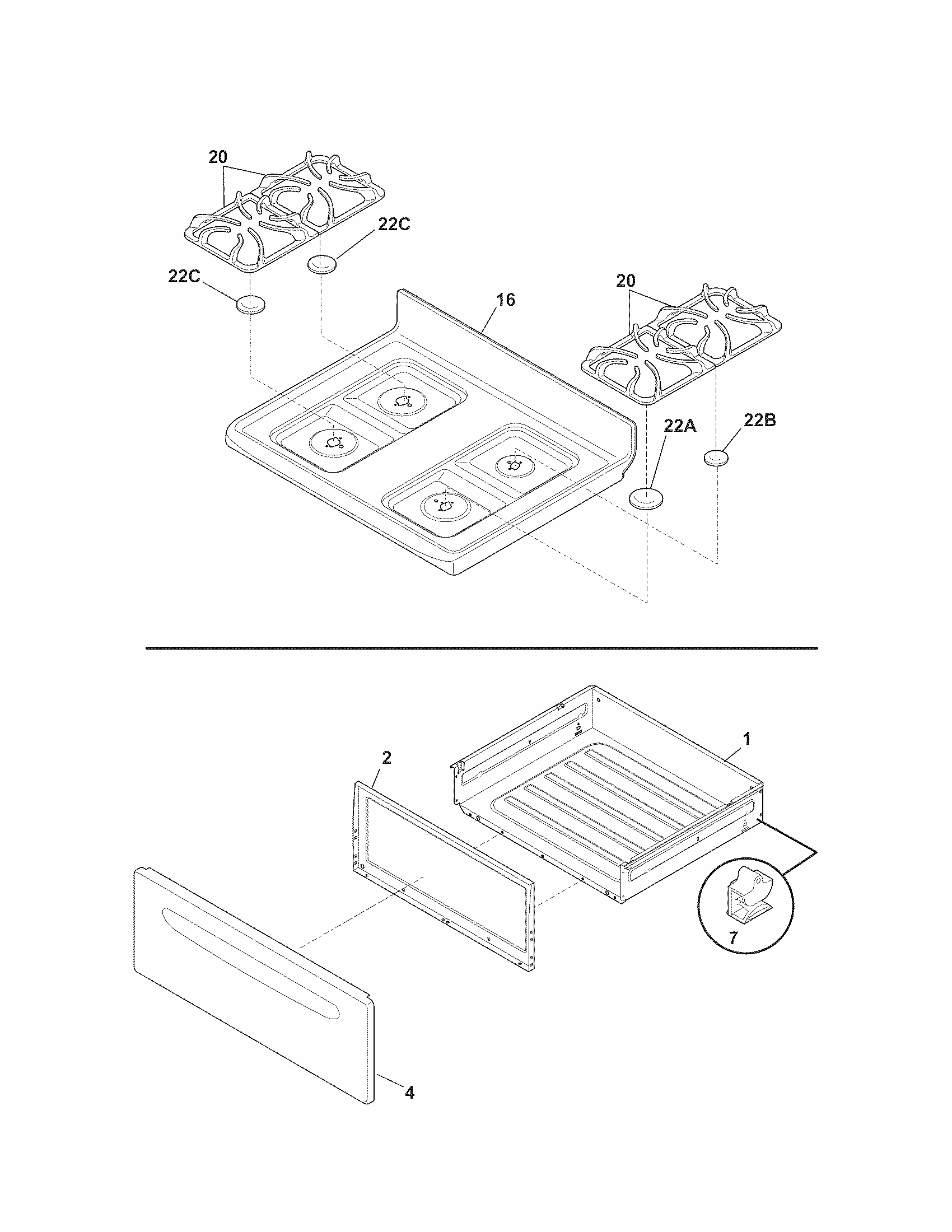 Top/drawer Diagram and Parts List for 79072409014  Kenmore Range