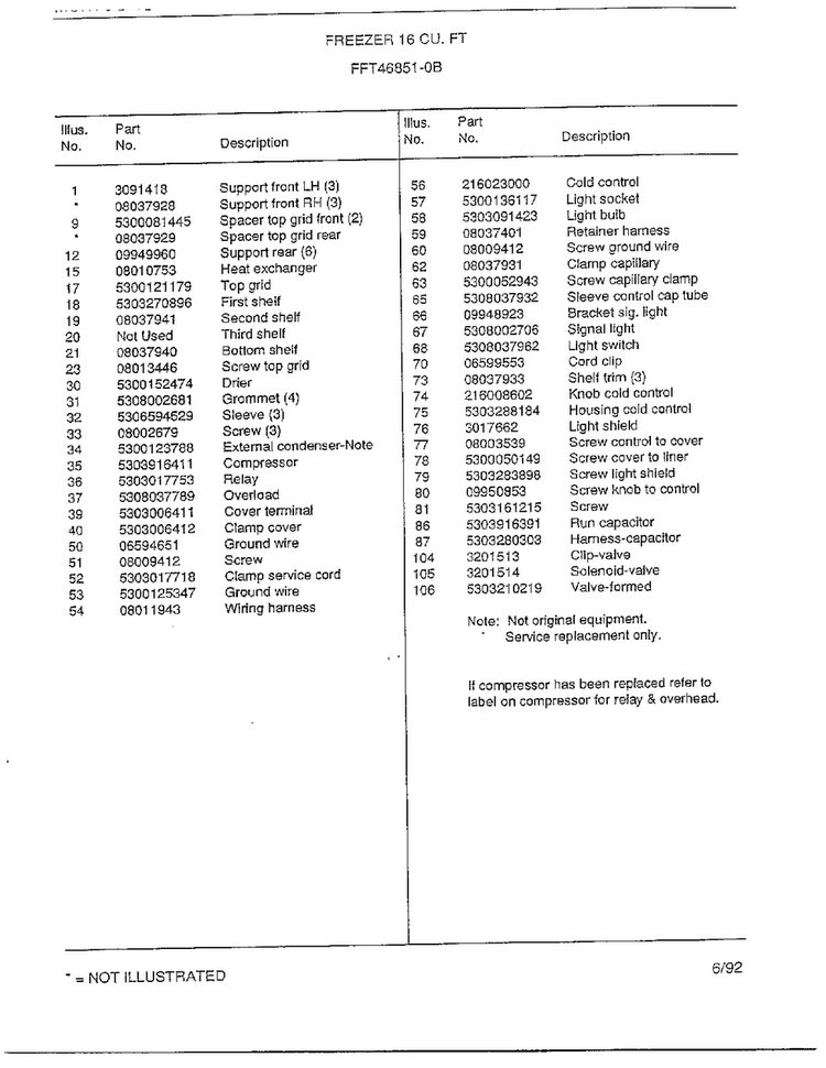 Freezer 16 Cubic Feet Page 6 Diagram and Parts List for 46851-0B  Frigidaire Freezer