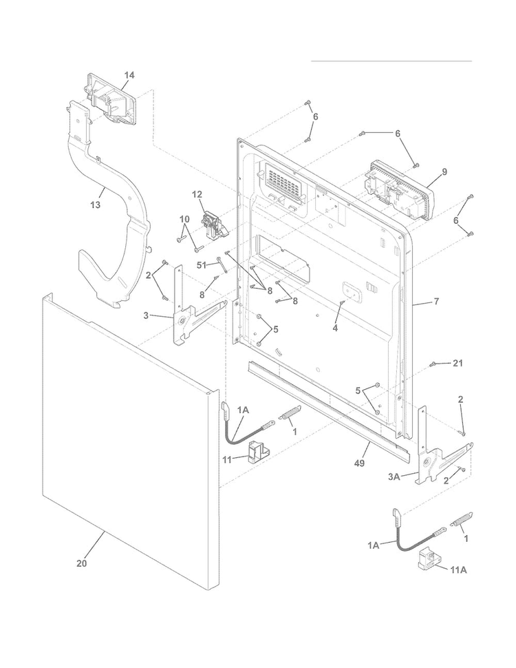 Door Diagram and Parts List for FGBD2445NW1A  Frigidaire Dishwasher