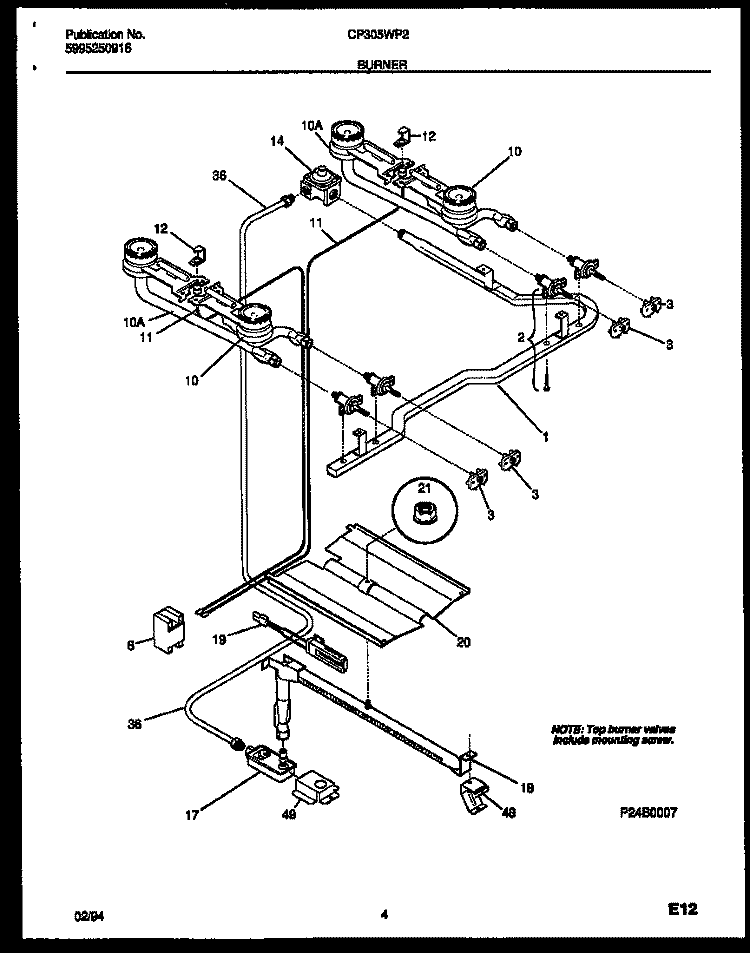 BURNER, MANIFOLD AND GAS CONTROL Diagram and Parts List for CP305WP2W2  Frigidaire Range