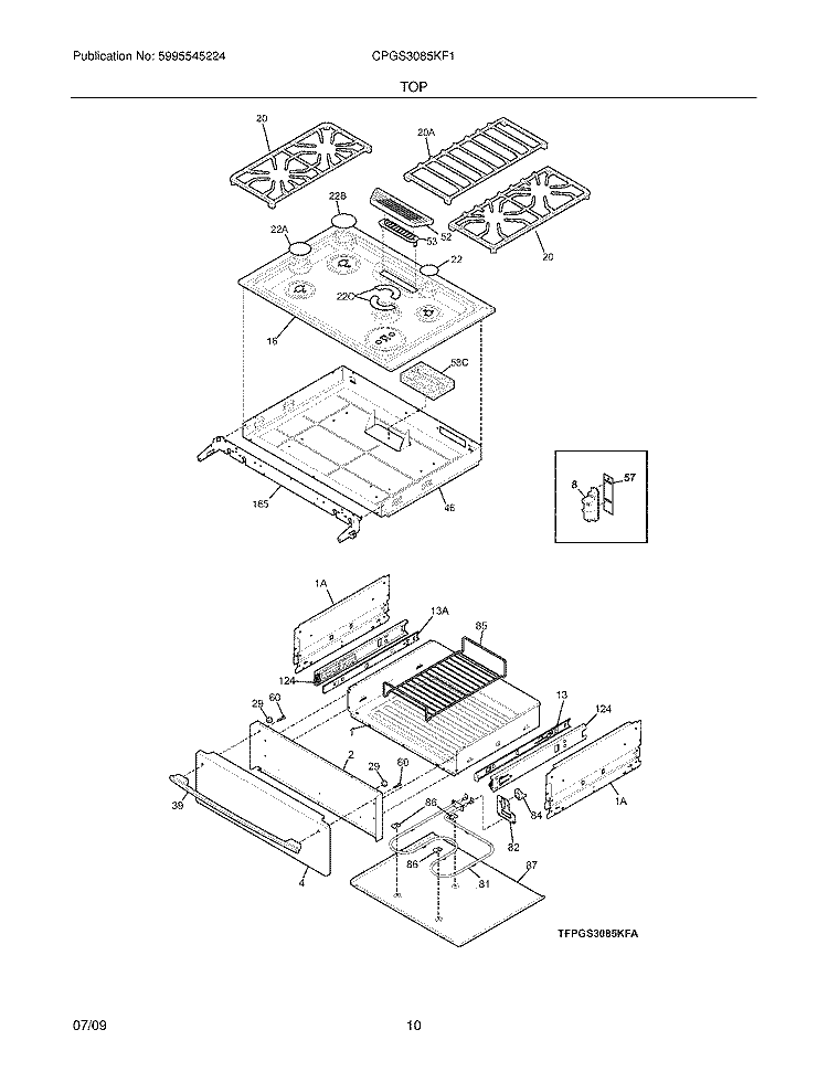 TOP/DRAWER Diagram and Parts List for CPGS3085KF1  Frigidaire Range