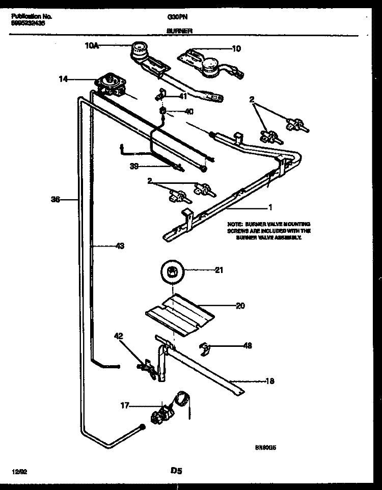 BURNER, MANIFOLD AND GAS CONTROL Diagram and Parts List for G30PNL7  Frigidaire Range