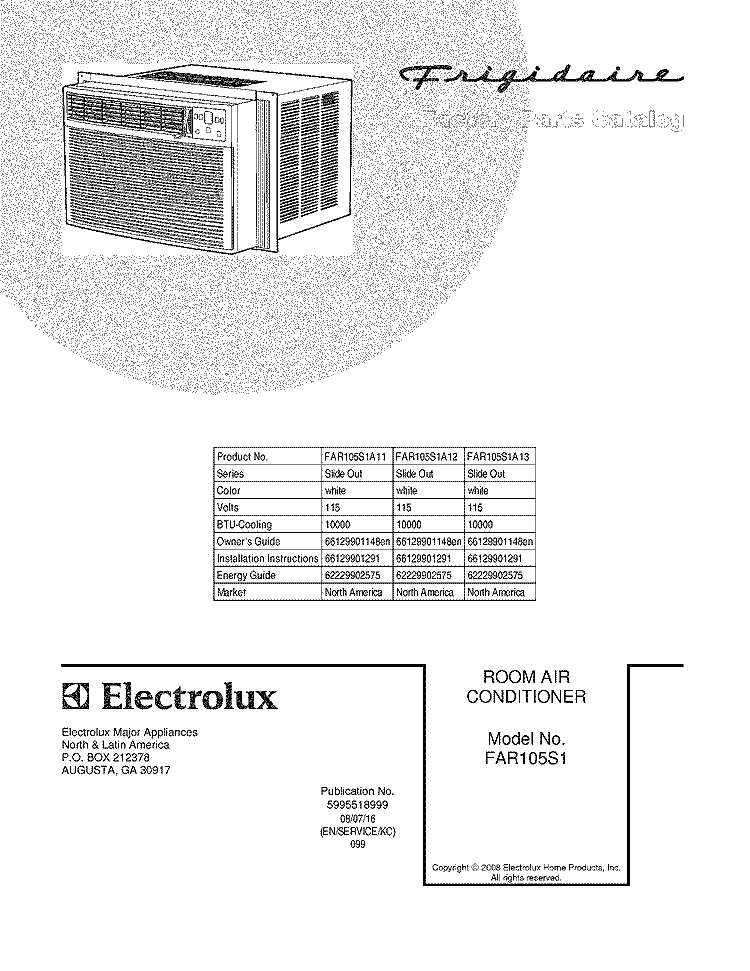 COVER Diagram and Parts List for FAR105S1A13  Frigidaire Air Conditioner