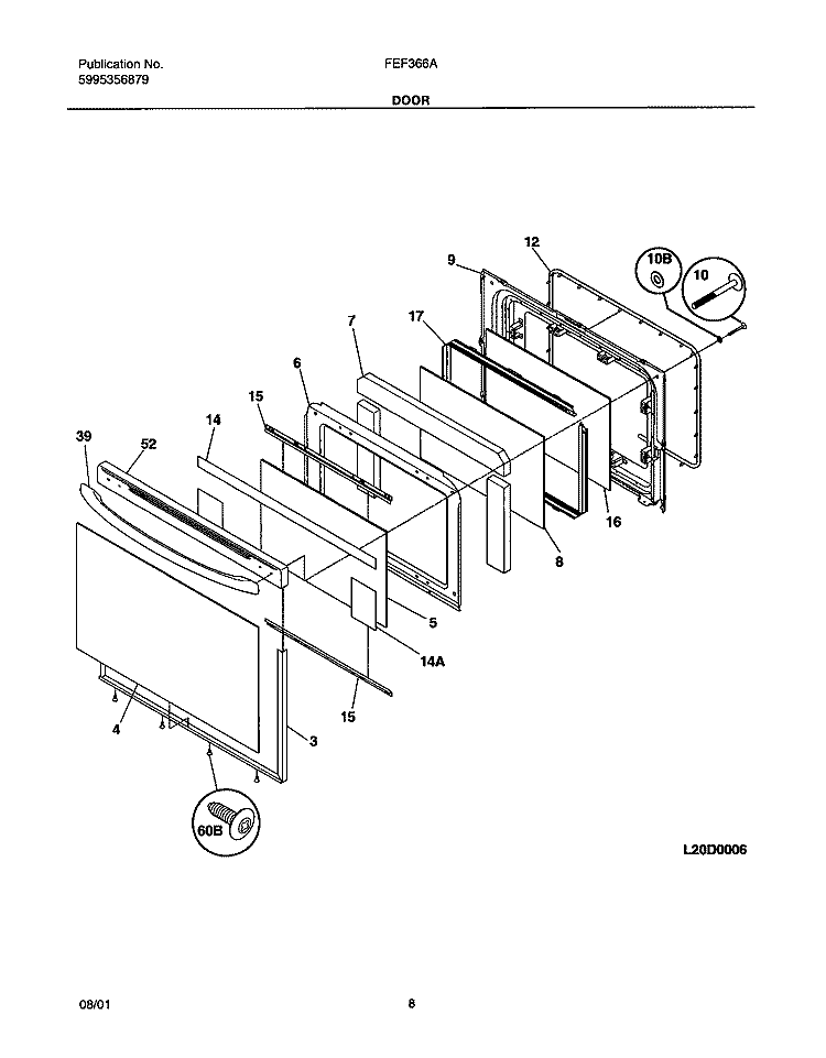 DOOR Diagram and Parts List for FEF366AQA  Frigidaire Range