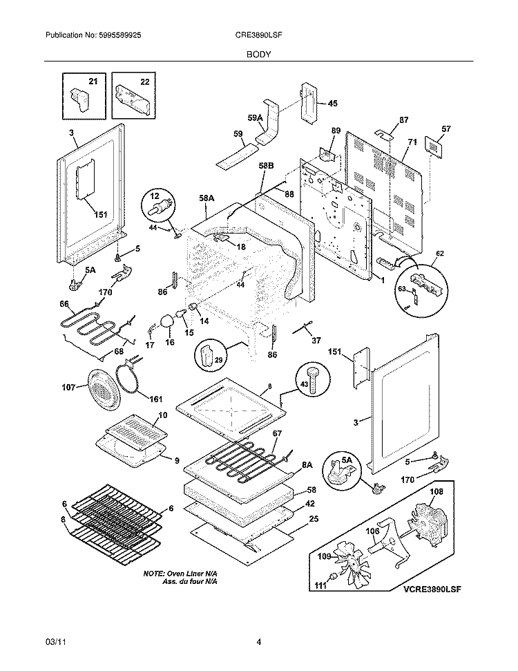 BODY Diagram and Parts List for CRE3890LSF  Crosley Range