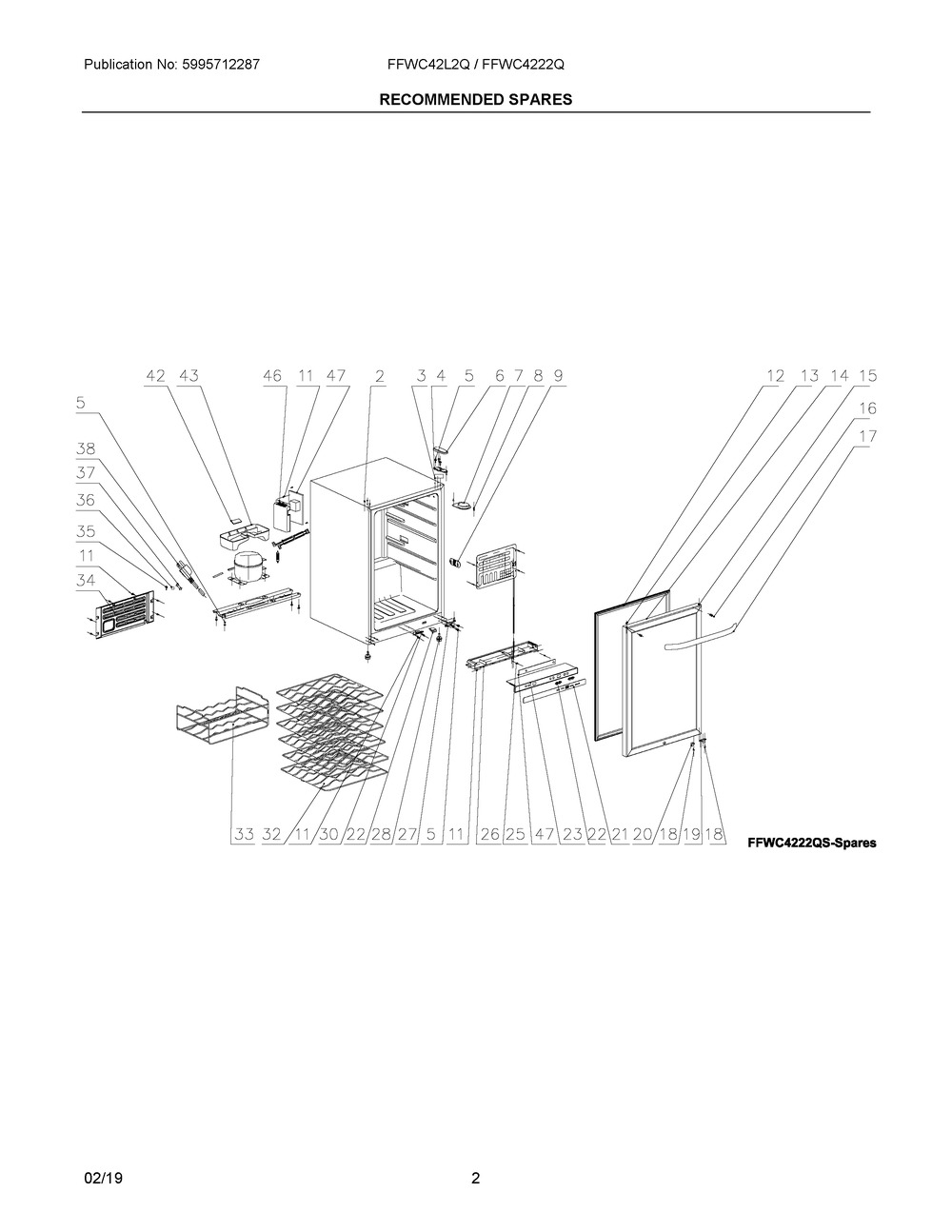 Recommended Spares Diagram and Parts List for FFWC42L2QS  Frigidaire Wine and Beverage Cooler