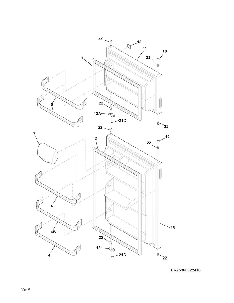 Doors Diagram and Parts List for 25360022414  Kenmore Refrigerator