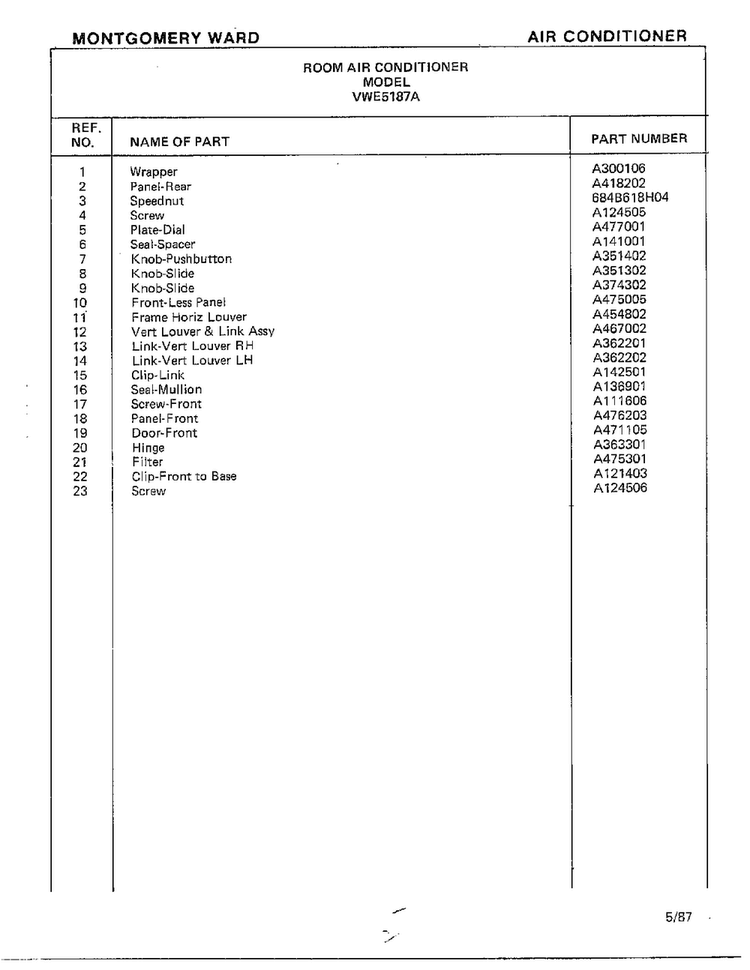 Air Conditioner Page 2 Diagram and Parts List for 5187A  Frigidaire Air Conditioner