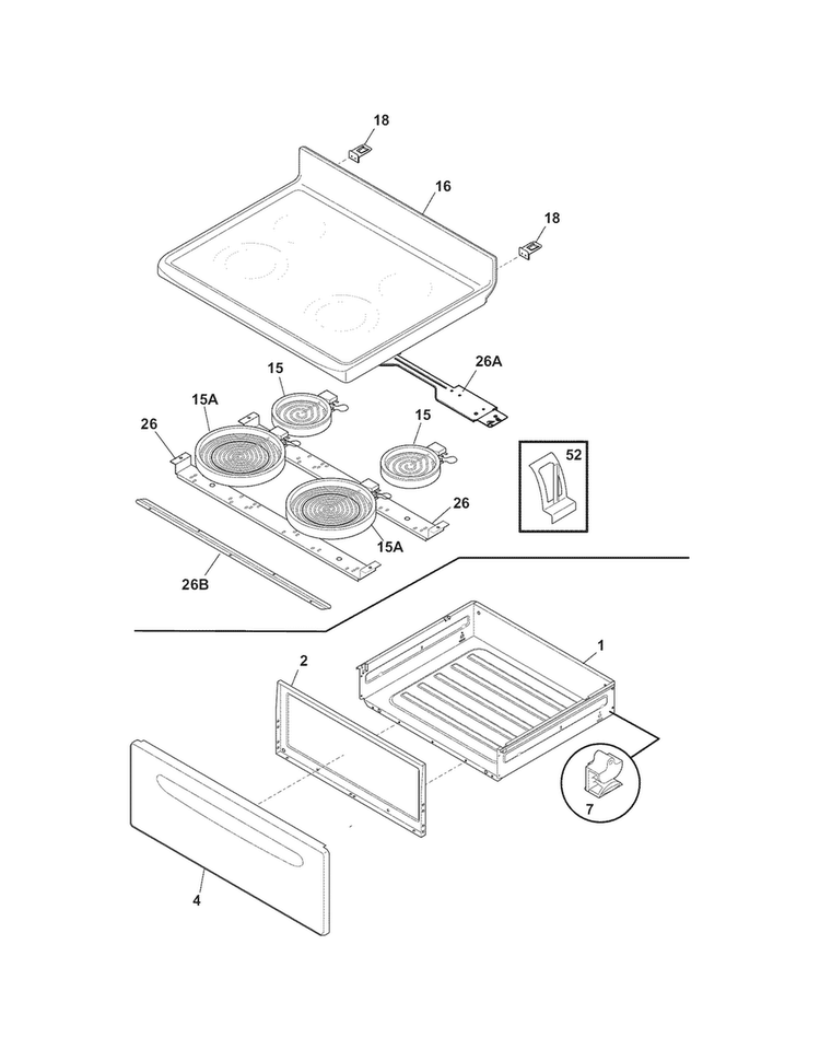 Top/drawer Diagram and Parts List for LFEF3019MWF  Frigidaire Range