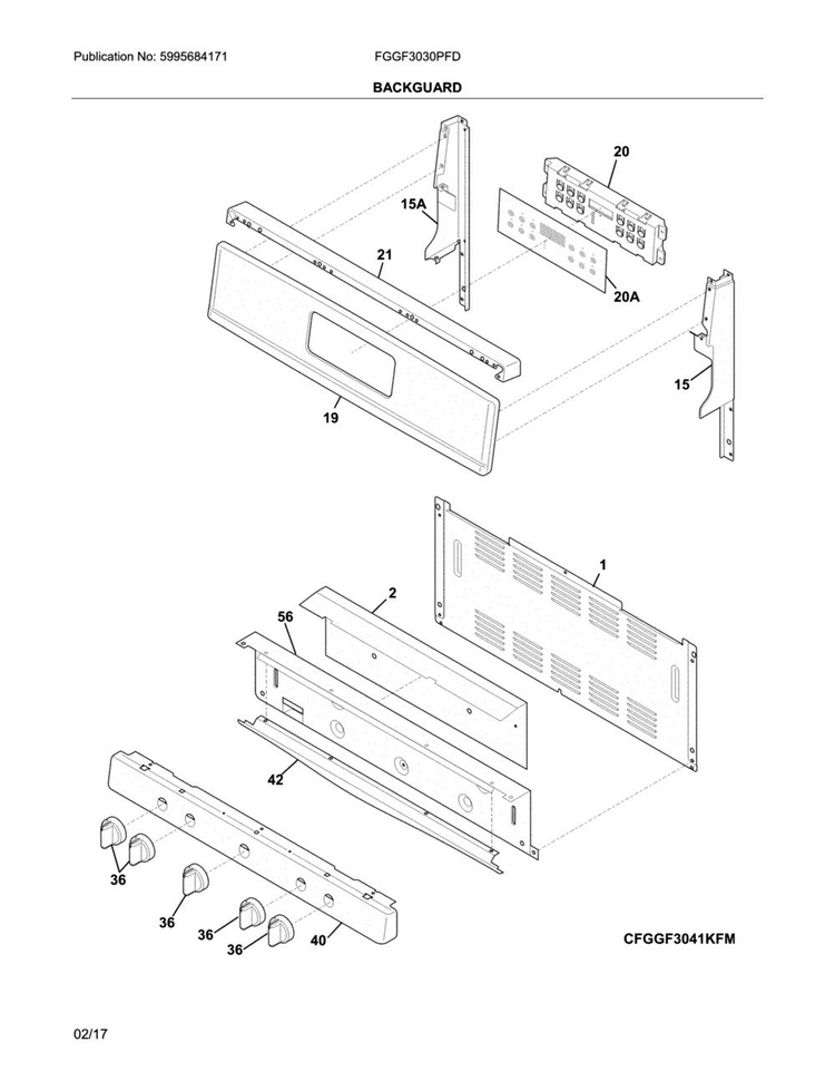Backguard Diagram and Parts List for FGGF3030PFD  Frigidaire Range