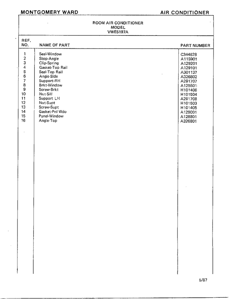 Air Conditioner Page 10 Diagram and Parts List for 5197A  Frigidaire Air Conditioner