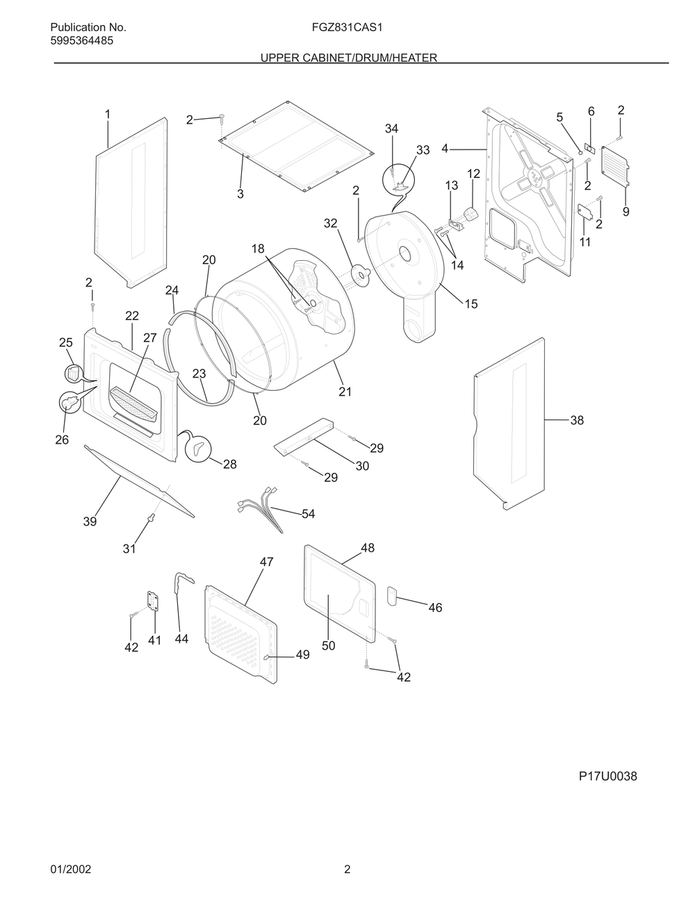 Upper Cabinet/Drum/Heater Diagram and Parts List for FGZ831CAS1  Frigidaire Dryer